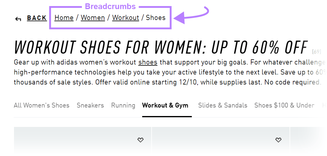 Example of breadcrumbs on Adidas's website