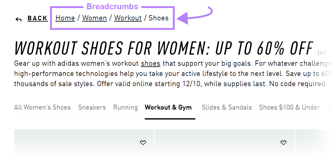 Example of breadcrumbs connected  Adidas's website