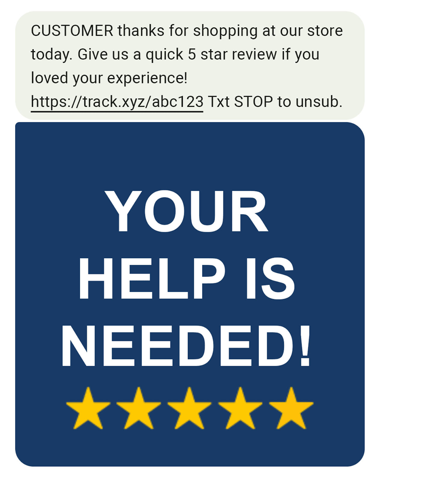 SMS from retailer requesting 5 start review