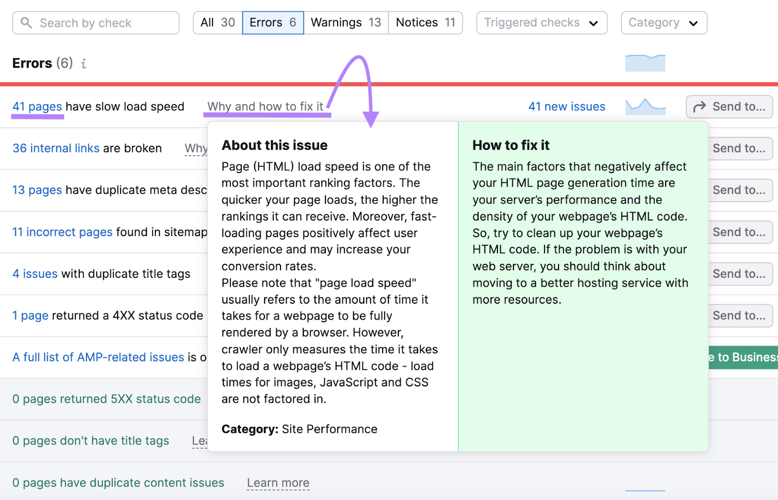 A database  of Errors identified successful  Site Audit tool