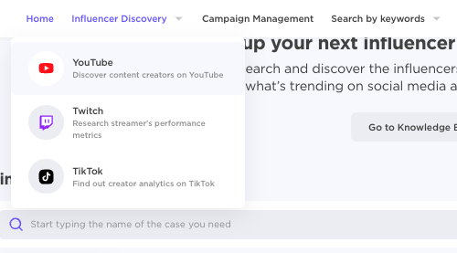 "YouTube" option selected under "Influencer Discovery" drop-down menu in Influencer Analytics app
