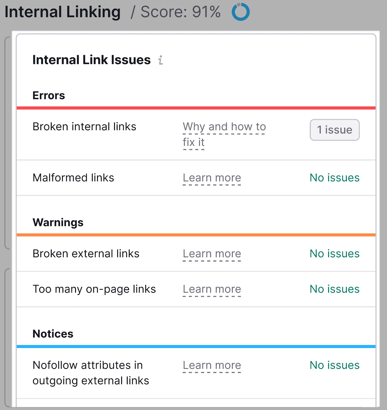 Internal Link Issues section