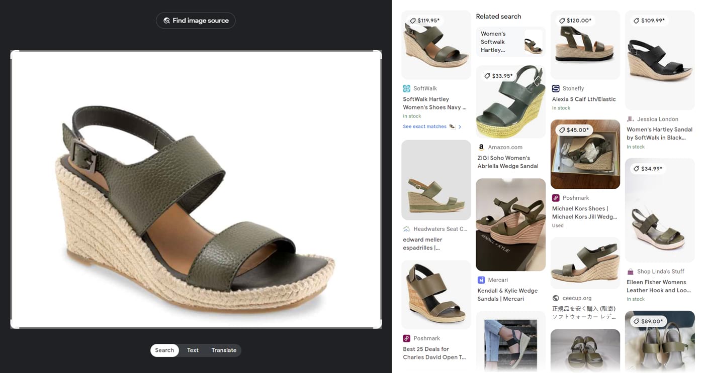 A search for a product image of a sandal with Google Lens