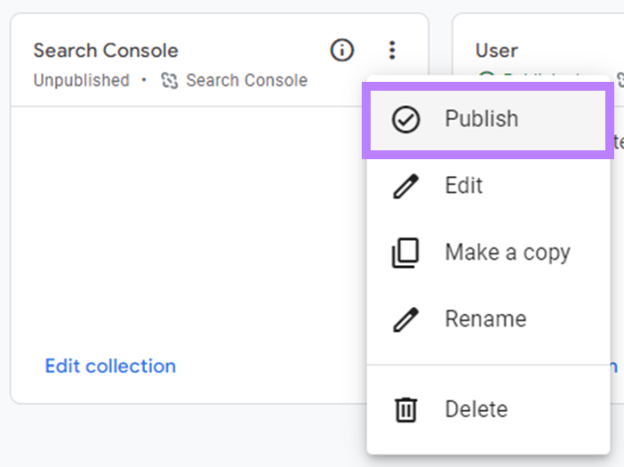 "Publish" option selected in the "Search Console" drop-down menu