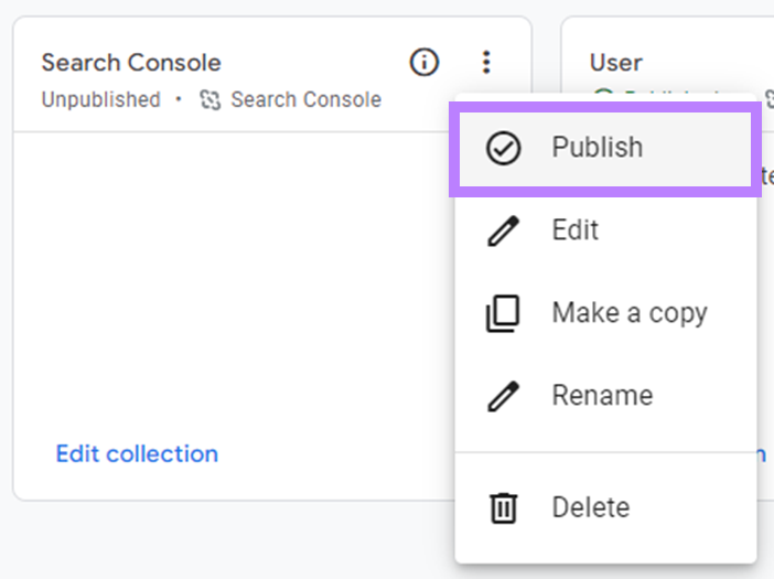 Option "Publier" sélectionnée dans le menu déroulant "Search Console"