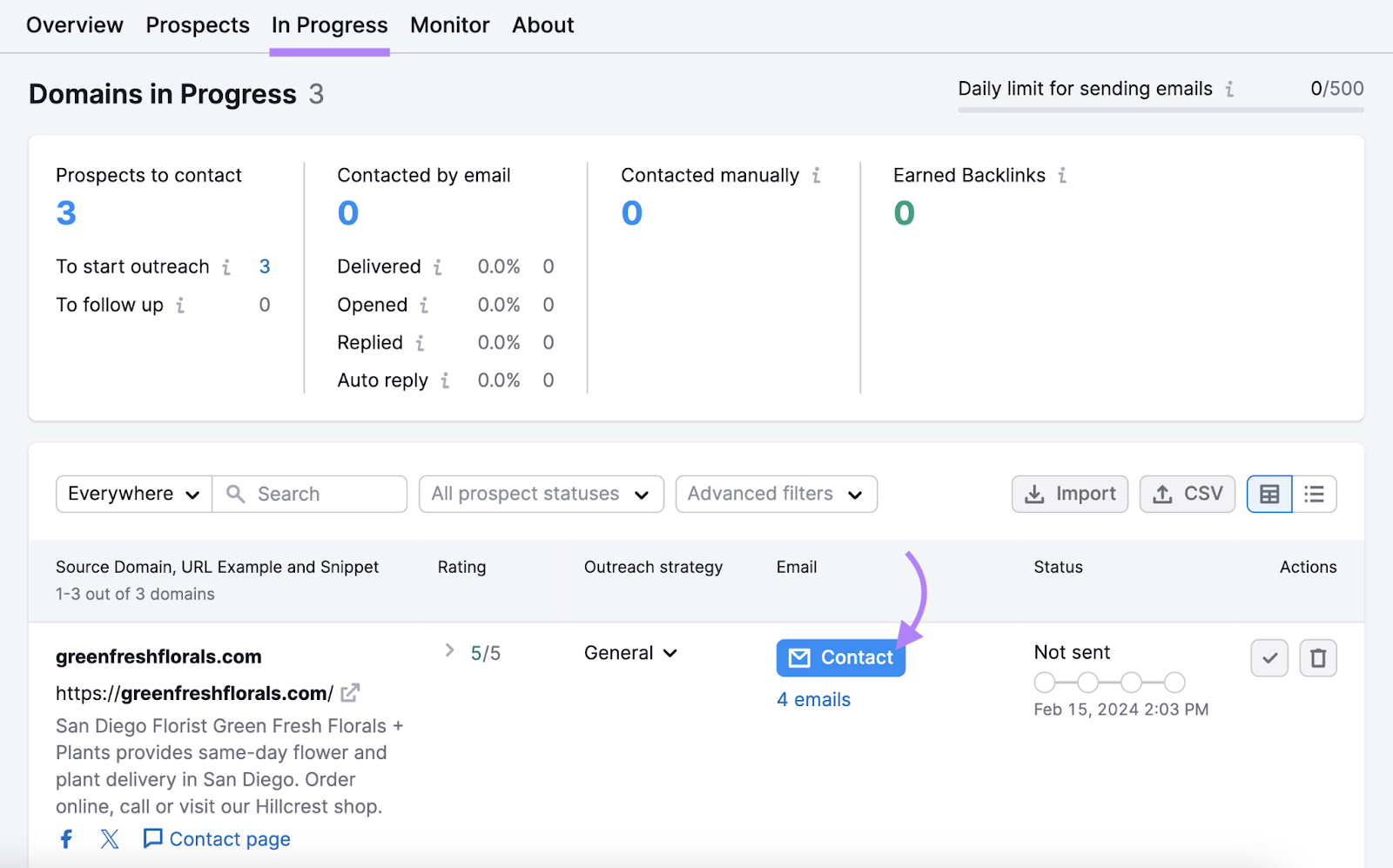"Contact" fastener  highlighted nether  "In Progress" tab successful  Link Building Tool