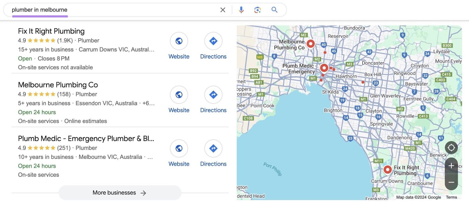 Google SERP with the term "plumber in melbourne" entered showing a list of local businesses with their information and the reviews they've received.