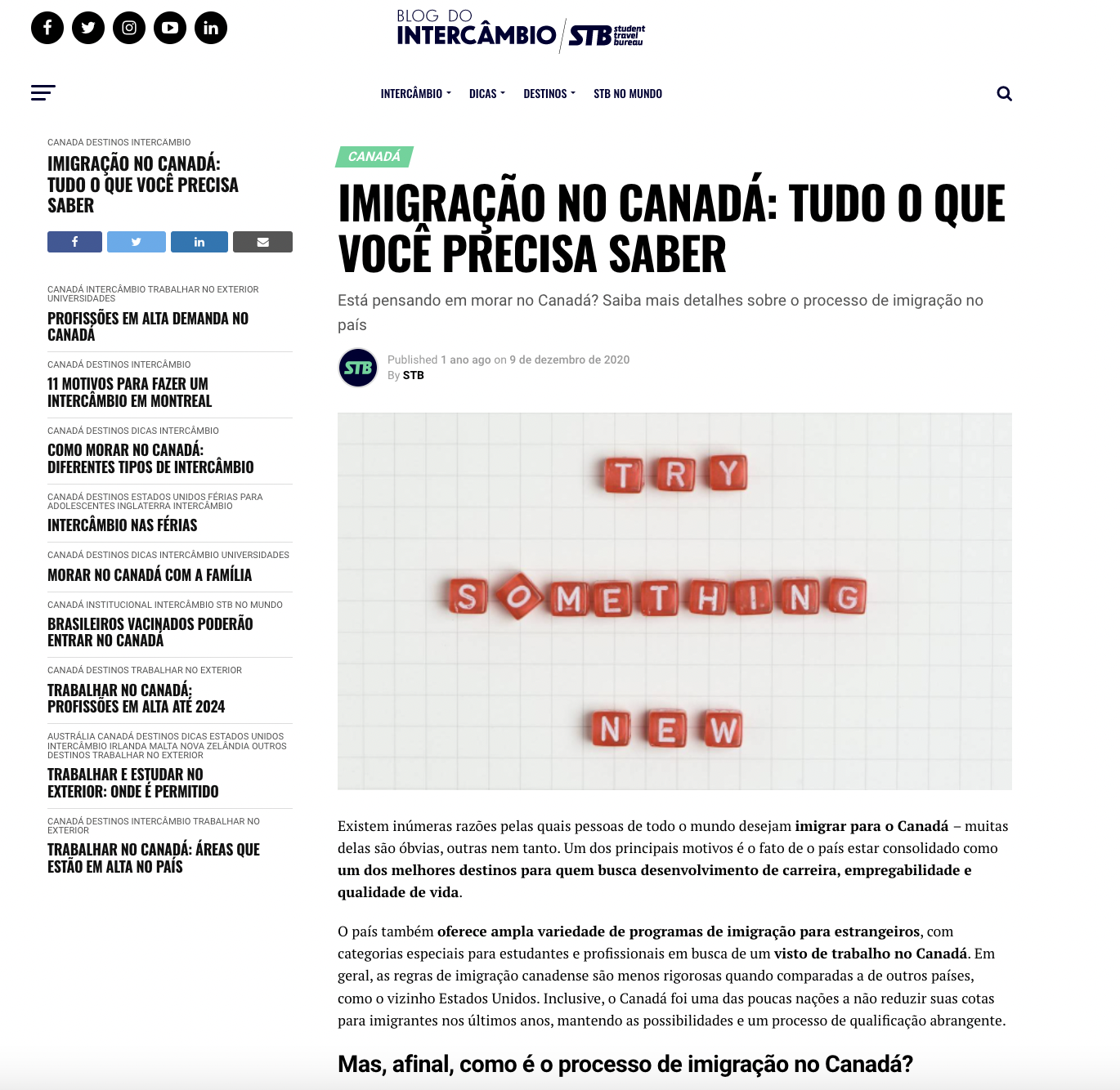 página pilar da STB sobre imigração para o Canadá