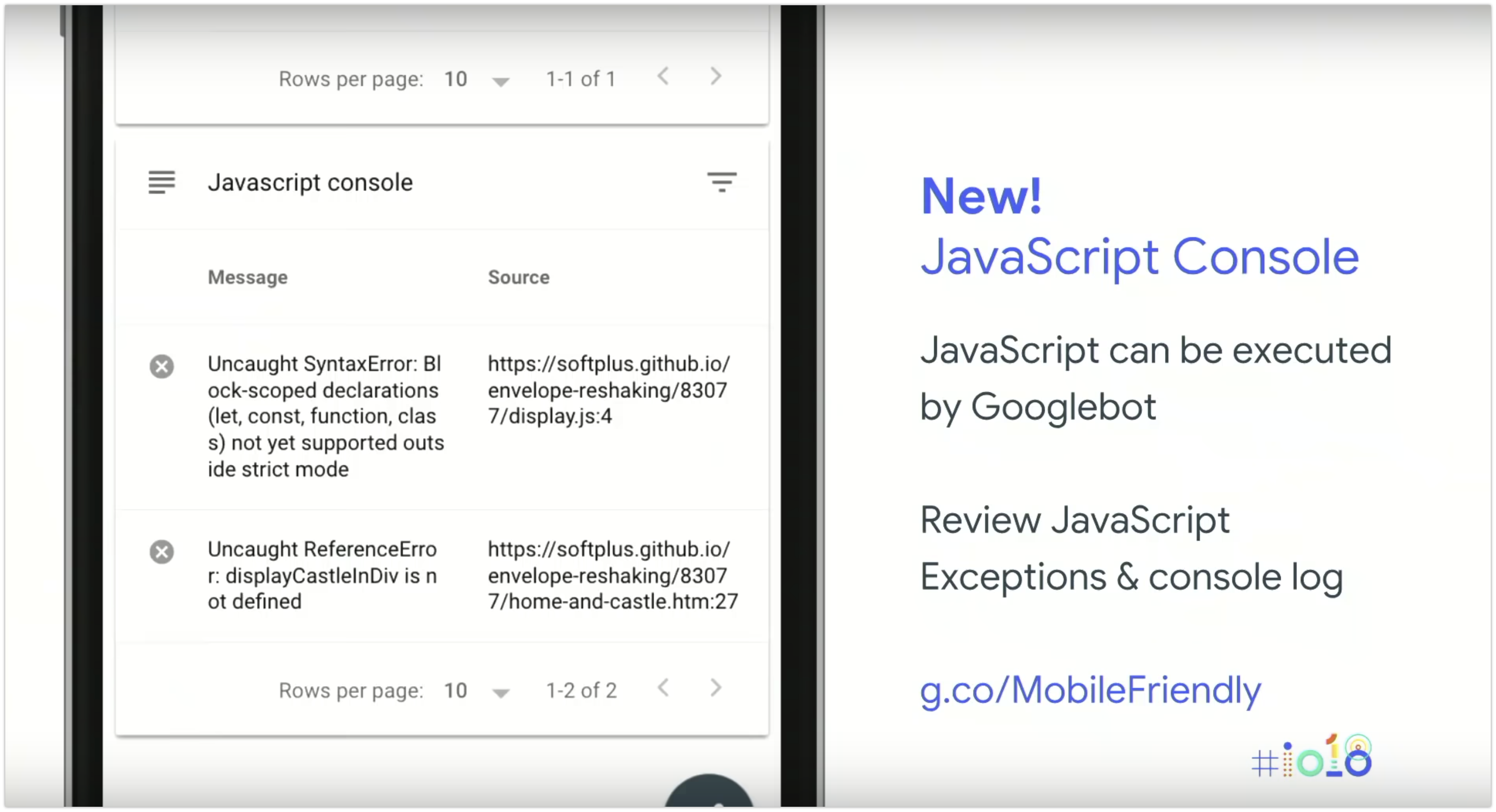 SEO e Javascript- og della console quando Googlebot tenta di eseguire il rendering