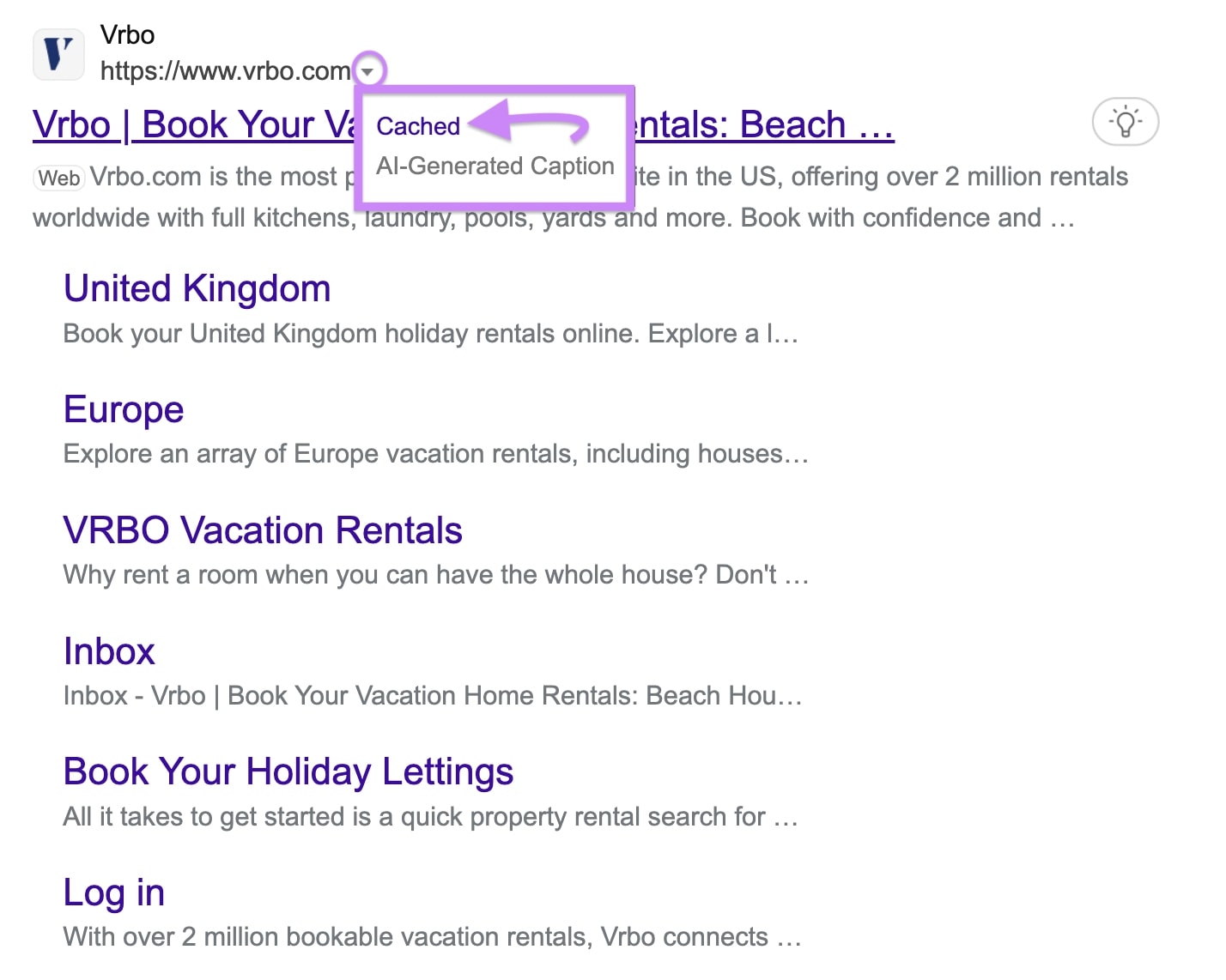 “Cached" link on Bing search results