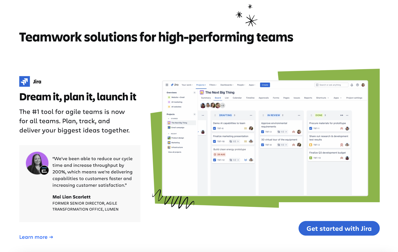 Jira homepage with customer testimonial embedded into content