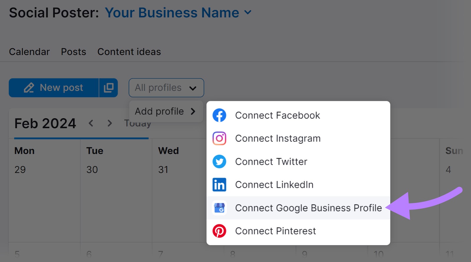 “Connect Google Business Profile” option selected in Social Poster