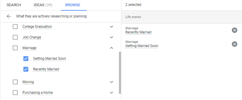 Google Ads life events options