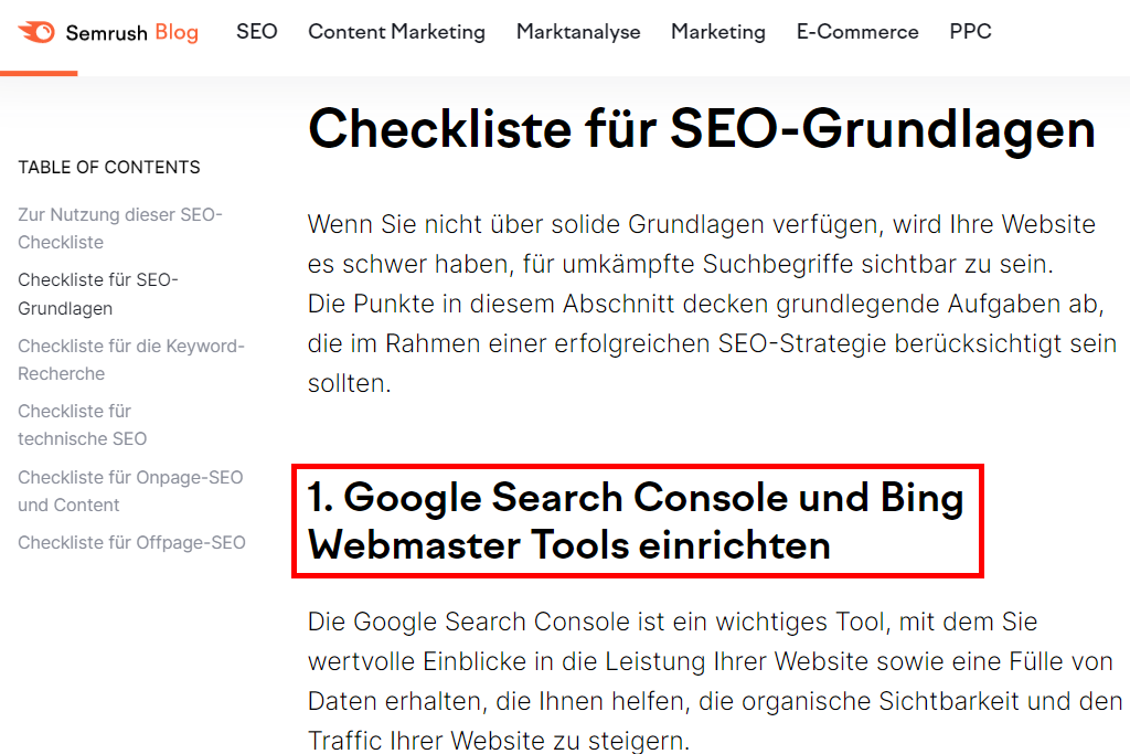 Screenshot: Zwischenüberschrift in Blogartikel von Semrush