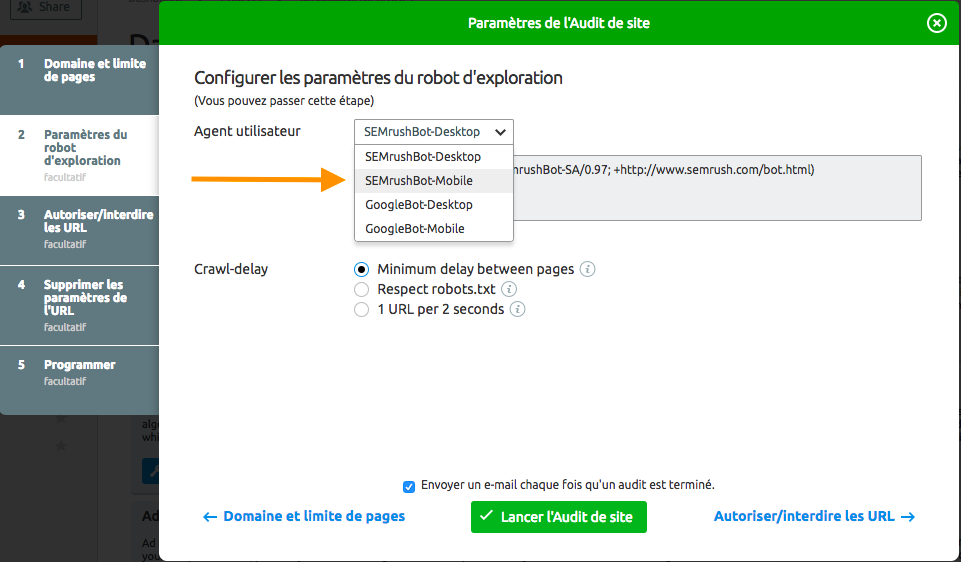 Configuration de l'outil Site Audit de SEMrush