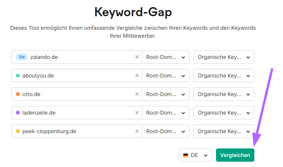 Suchleisten und die Schaltfläche "Vergleichen" in Keyword-Gap hervorgehoben