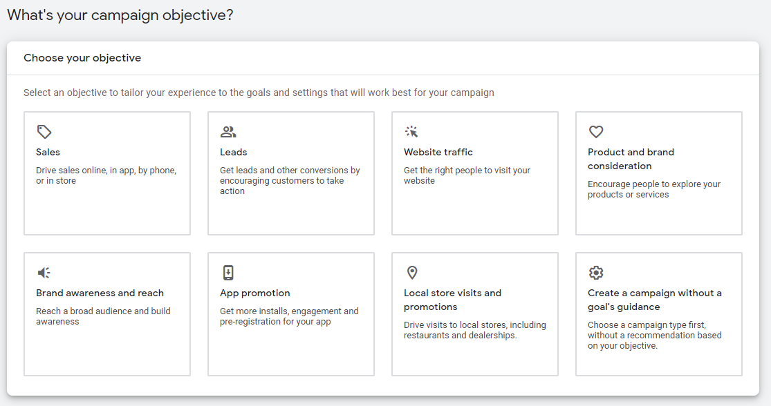Set you campaign objective in Google Ads