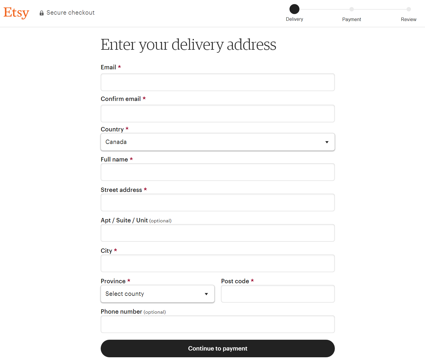 Etsy checkout form for customer delivery details