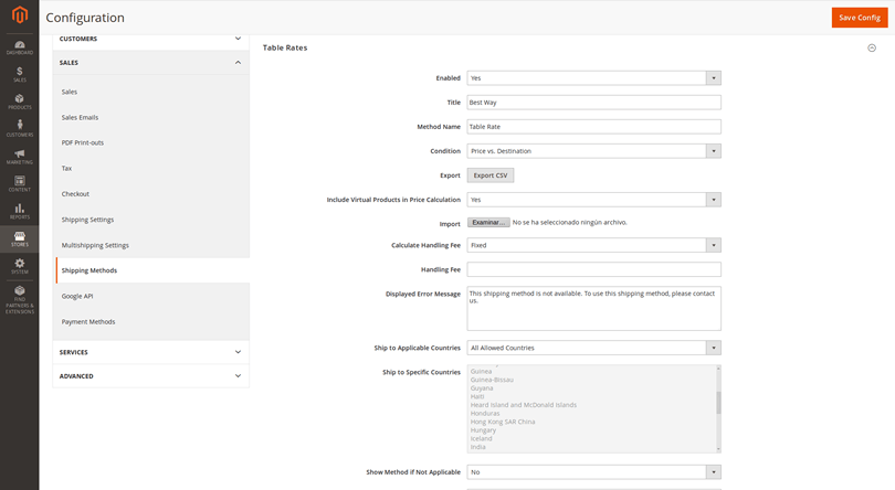 Selección de modo de envío de Magento