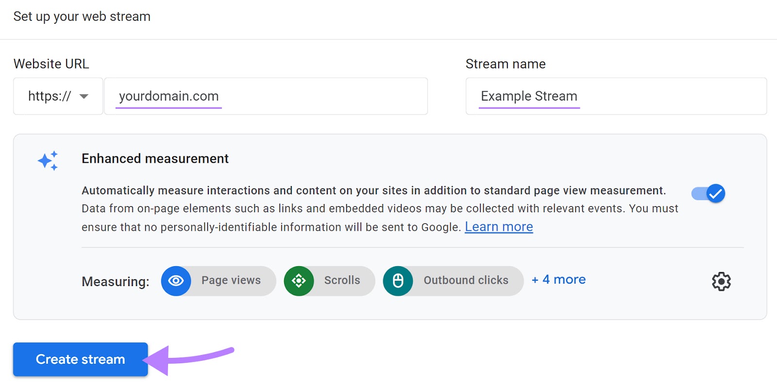 "Set up your web stream" section in setting up Google Analytics
