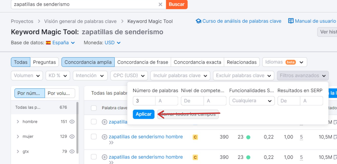 Keyword Magic Tool filtros avanzados