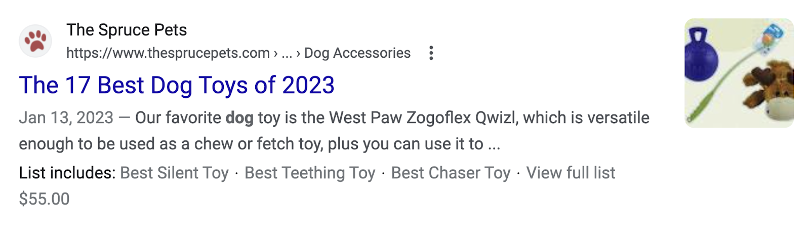 search results show "The 17 Best  Toys of 2023" listicle for“good toys for dogs” search