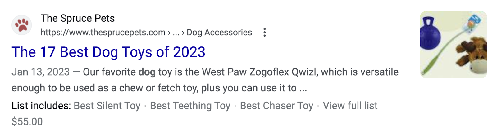 search results show "The 17 Best Dog Toys of 2023" listicle for“good toys for dogs” search