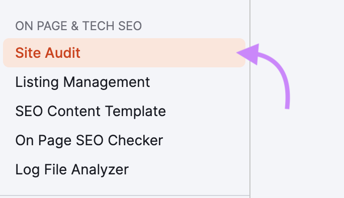 Best Practices for SEO Site Structures 10 "Site Audit" on Semrush's side navigation menu clicked