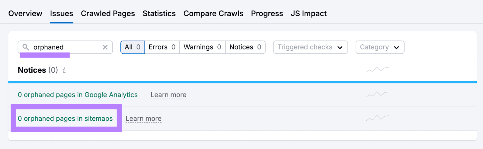 Site Audit's Issues tab with a hunt  for the orphaned pages error