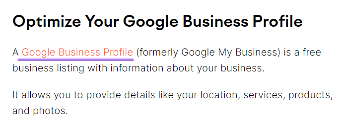 "Optimize Your Google Business Profile" H2 with “Google My Business” highlighted in the anchor text