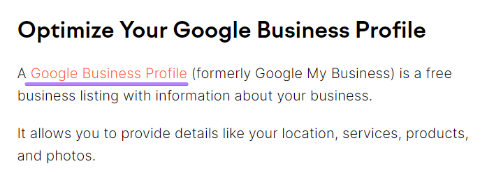 "Optimiza tu perfil de Google Business" H2 con "Google My Business" resaltado en el texto de anclaje