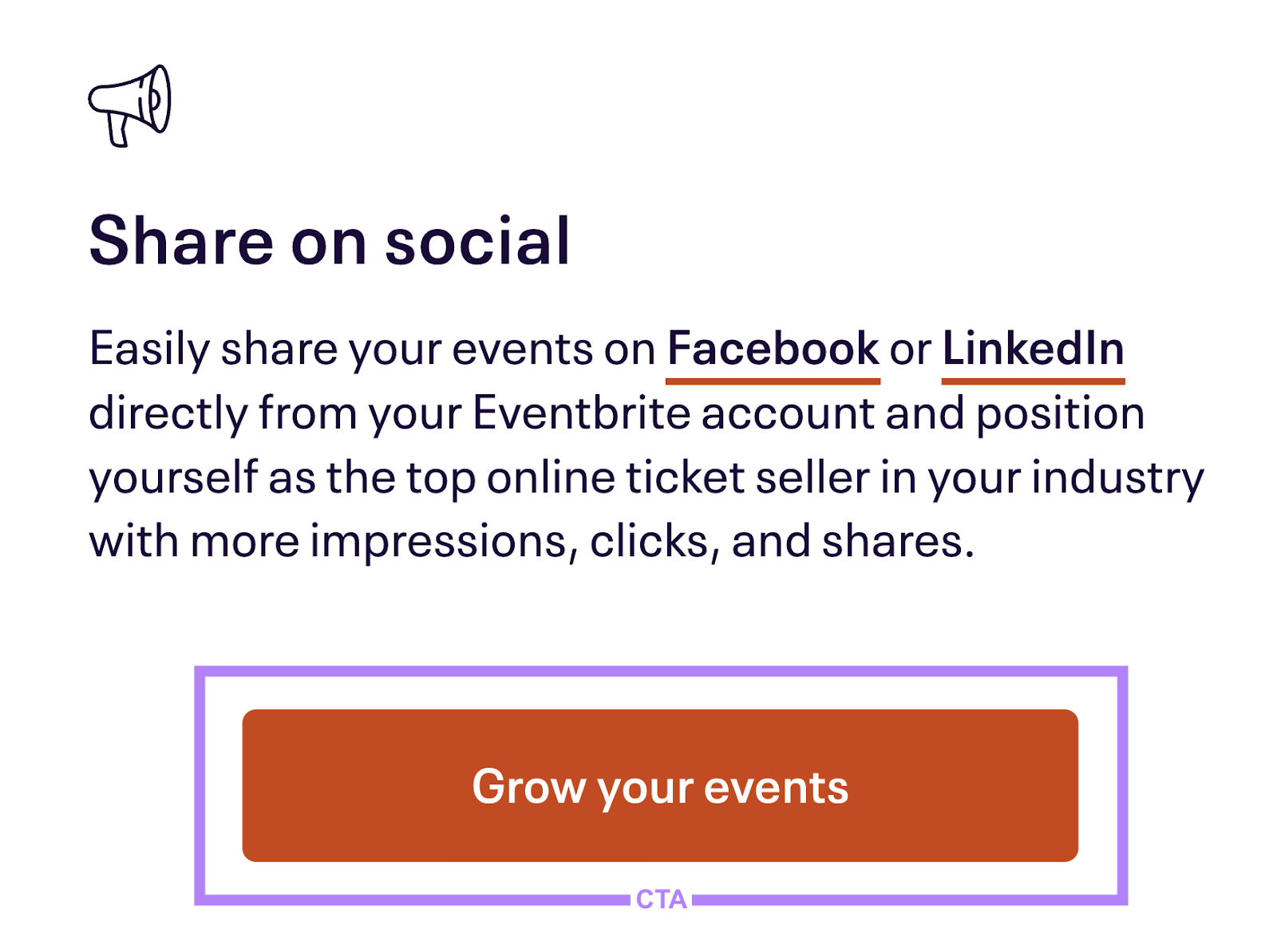 "Grow your events" CTA on EventBrite's social sharing section