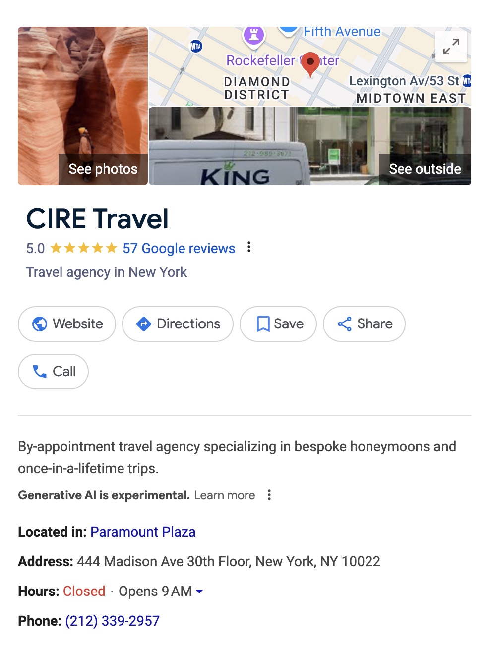 Google Business Profile of a travel agency showing information like address, working hours, phone number, reviews received, etc.