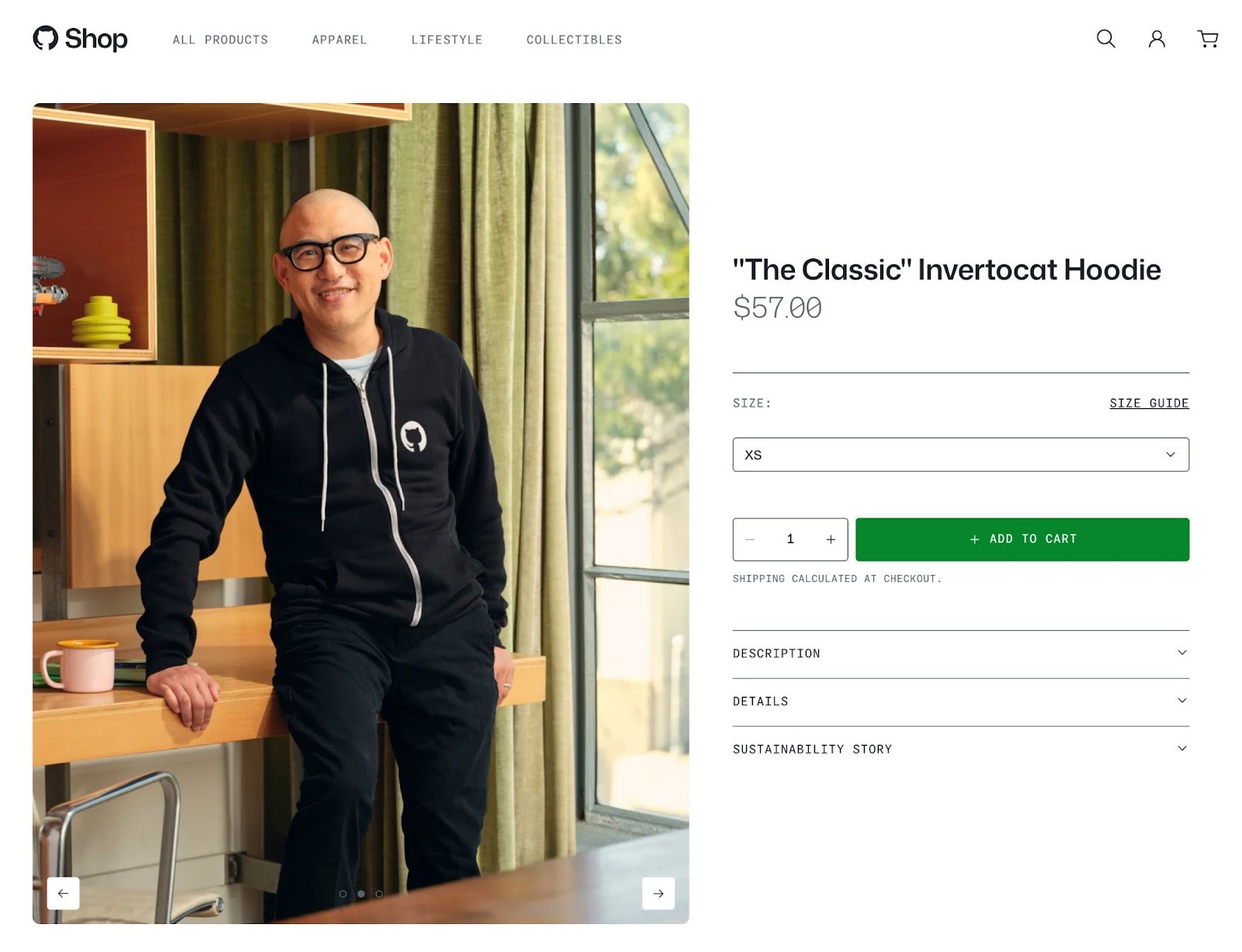 The product page of a Github hoodie on their shop website with product images on the left and details & customization options on the right.