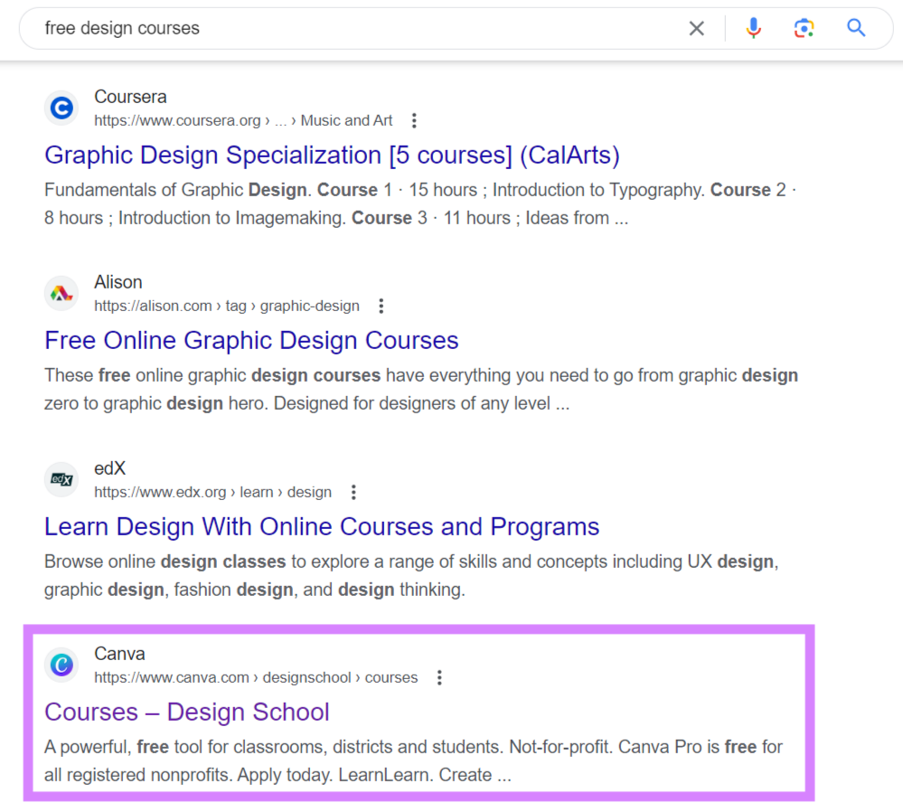 Canva's courses show up on Google SERP for "free design courses" query