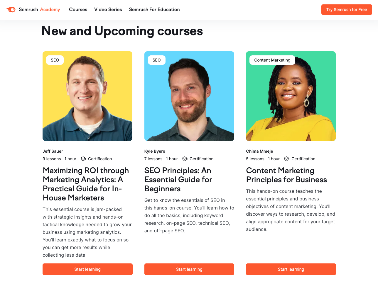 semrush academy landing page with new and upcoming courses