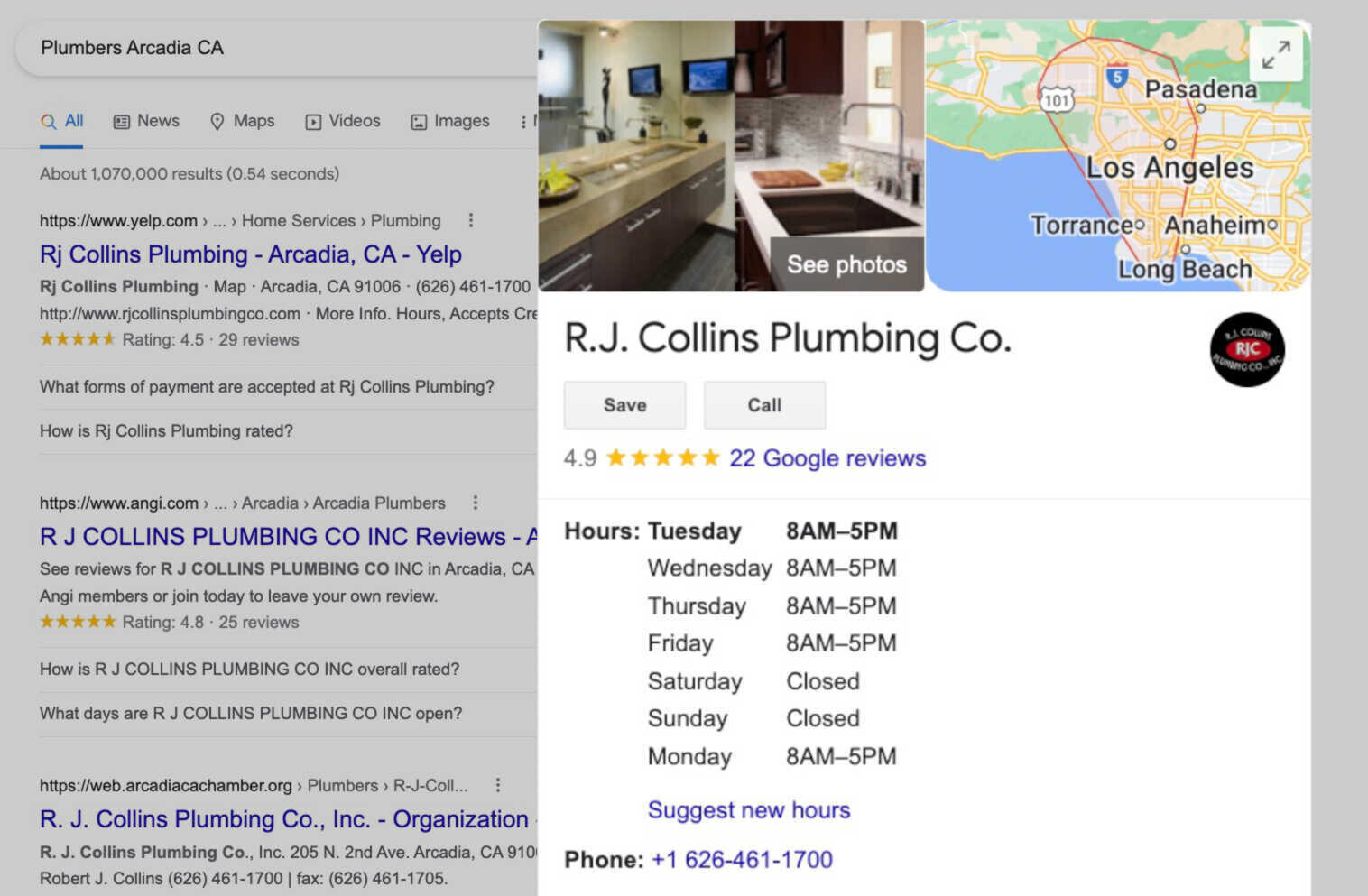 เวลาทำการของ RJ Collins Plumbing Co.