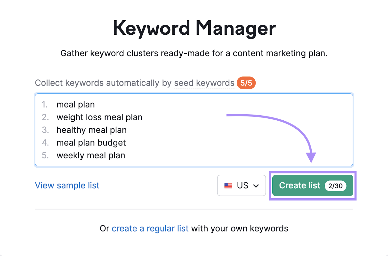 Entering keywords into the Keyword Manager tool