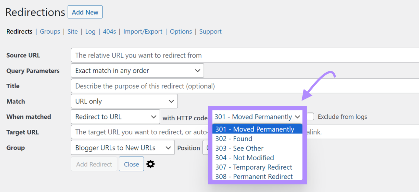 Adding 307 redirect rules to the "Redirection" plugin