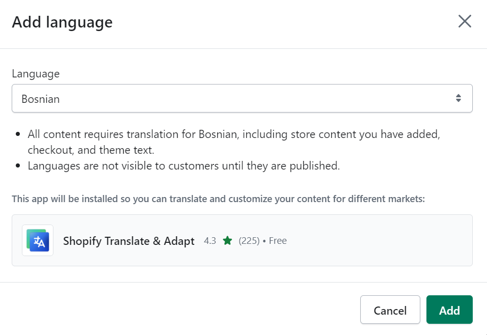 "Add language" page in Shopify’s Translate & Adapt app