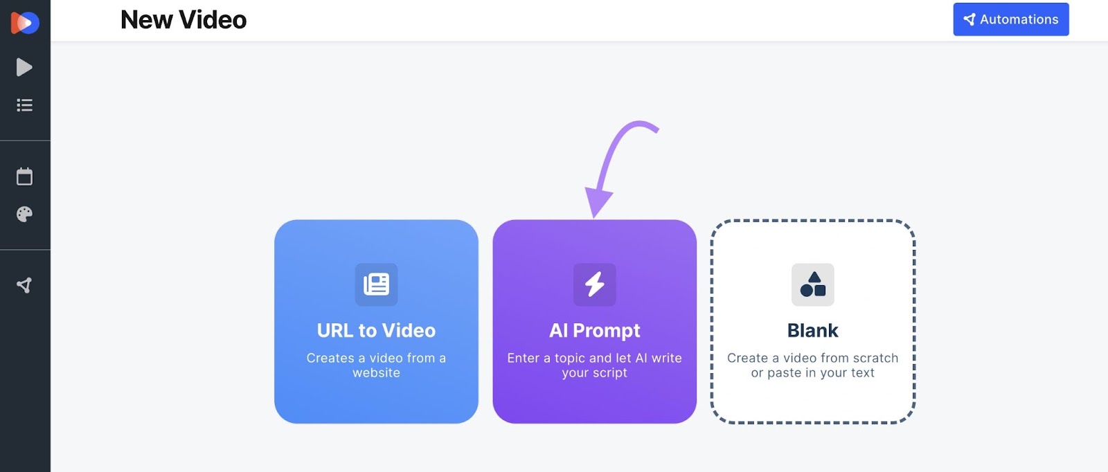 AI Video Marketing Automator tool start with options to create a video from scratch, from a URL, or using an AI prompt.