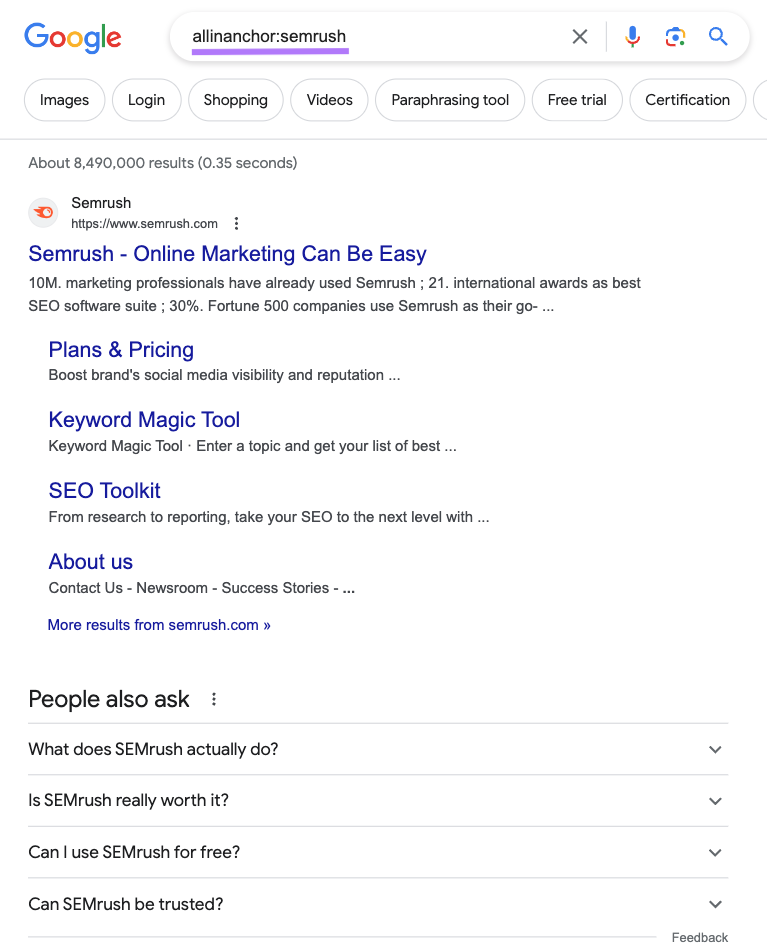 Google's SERP for “allinanchor:semrush”