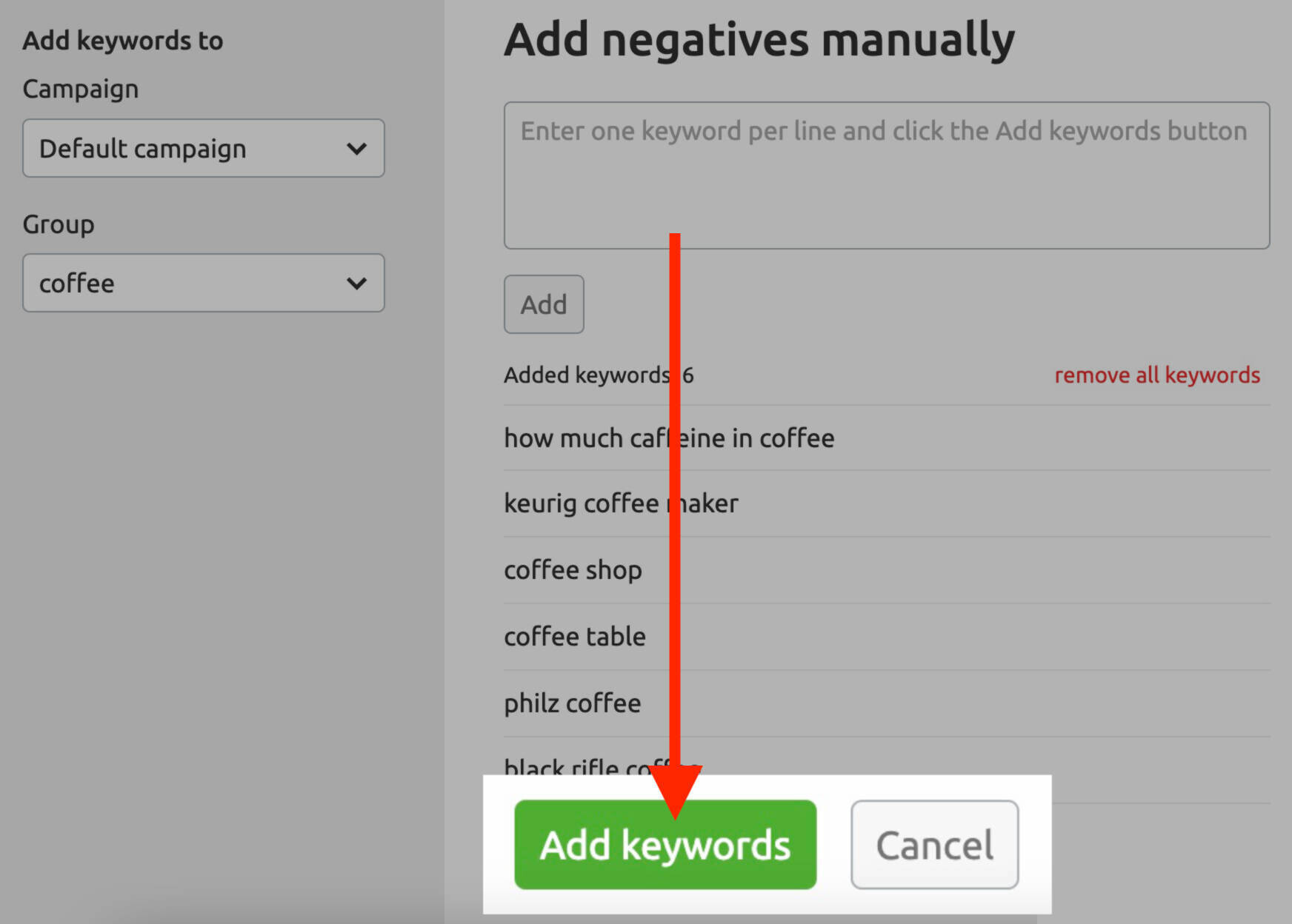 add keywords button