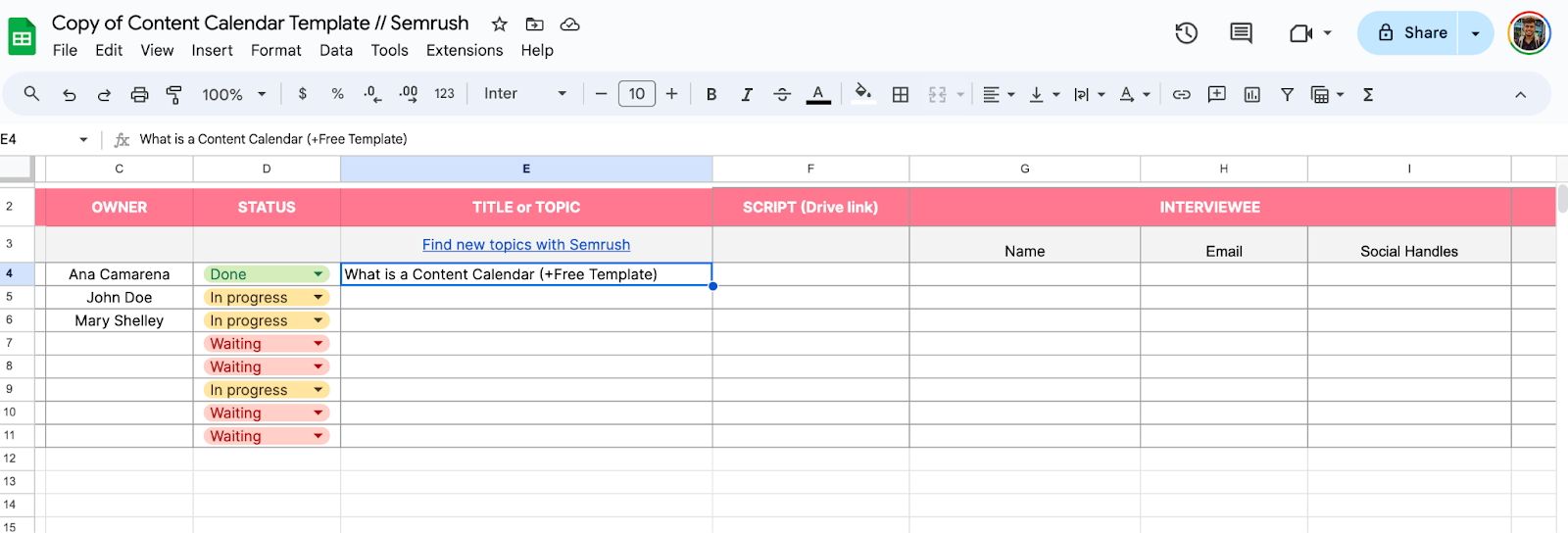 Copy of Semrush Content Calendar template successful  Google Sheets displaying a contented  calendar for podcasts