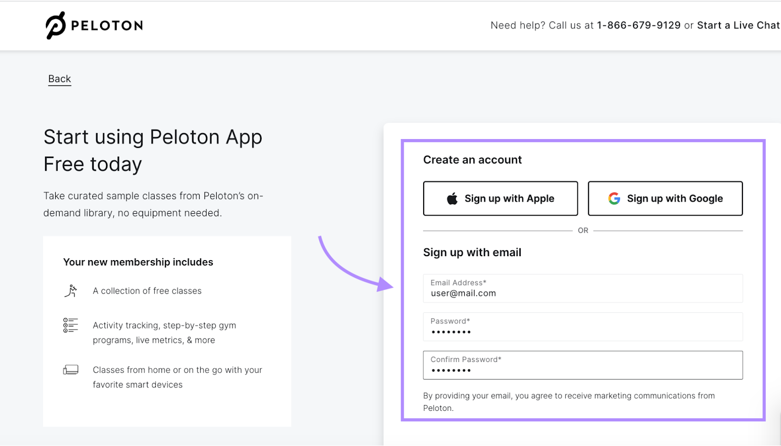 "Create an account" form on Peloton's website