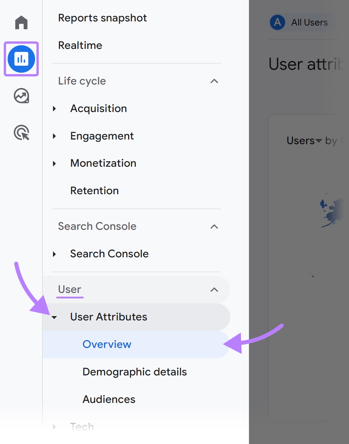 Navigating to “User Attributes” "Overview" in GA4 menu