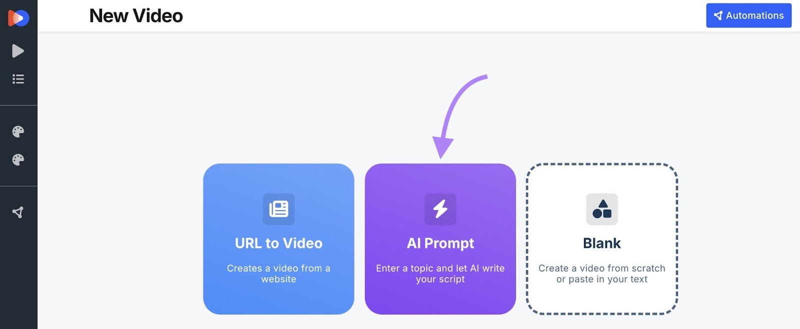 AI Video Marketing Automator app home with the "AI Prompt" button clicked.