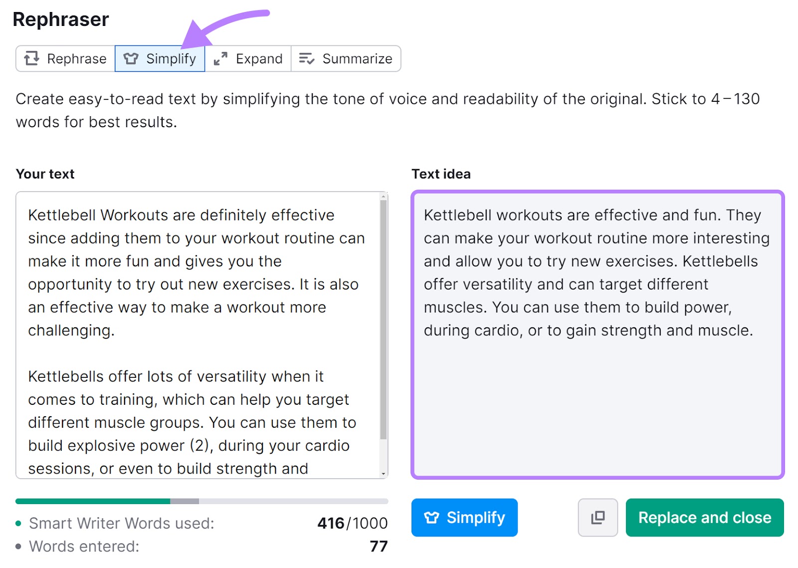 Recurso "Simplify" do SEO Writing Assistant