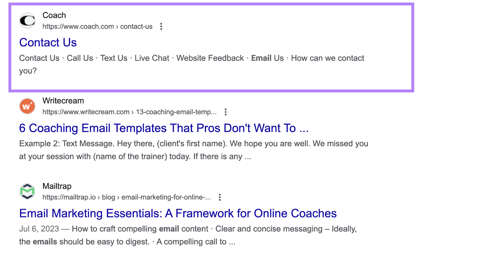 SERP for "email coaching" shows Coach's contact us page, a result for coaching email templates, and a result for online coaches using email