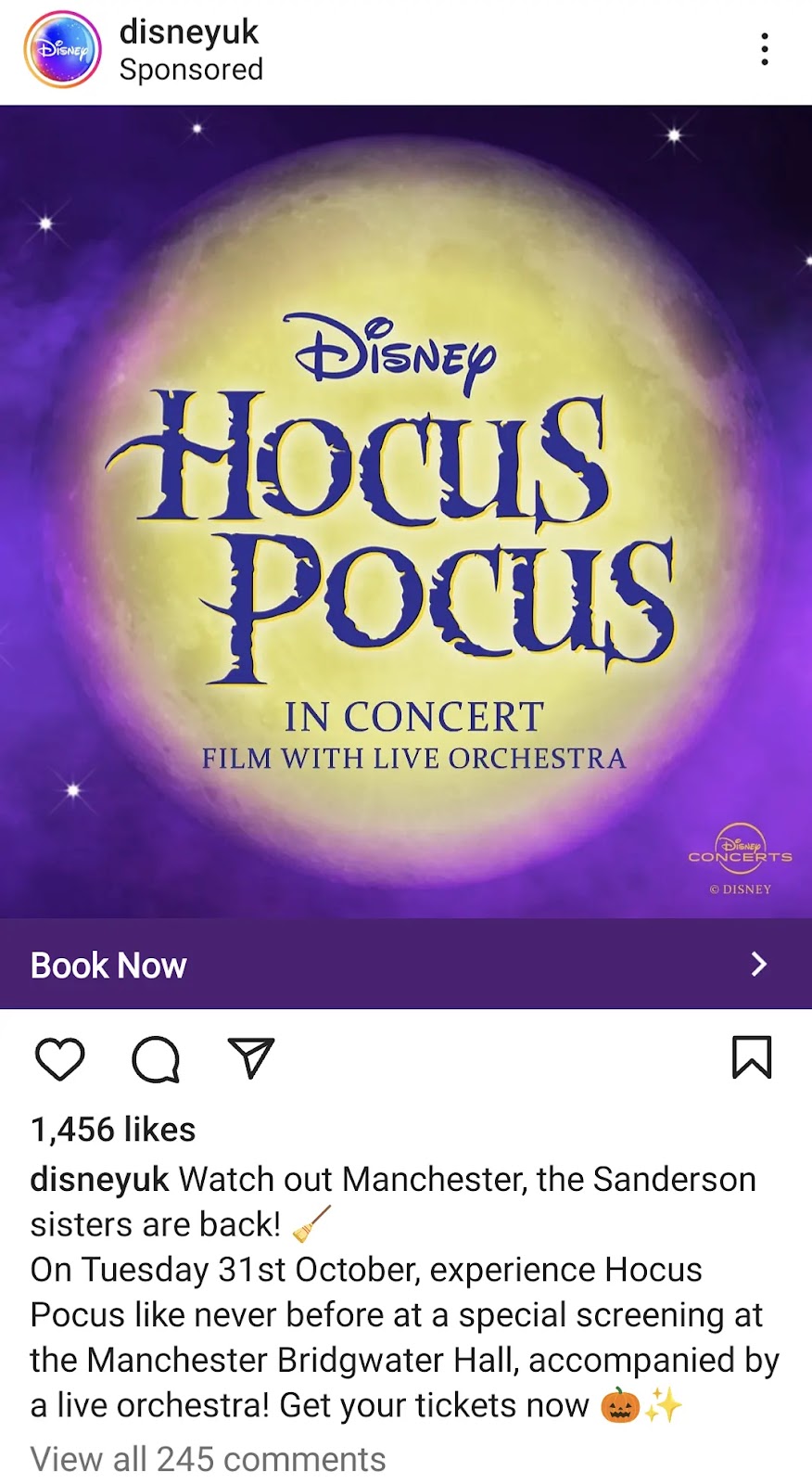 Disney's Instagram ad for a show in Manchester, UK